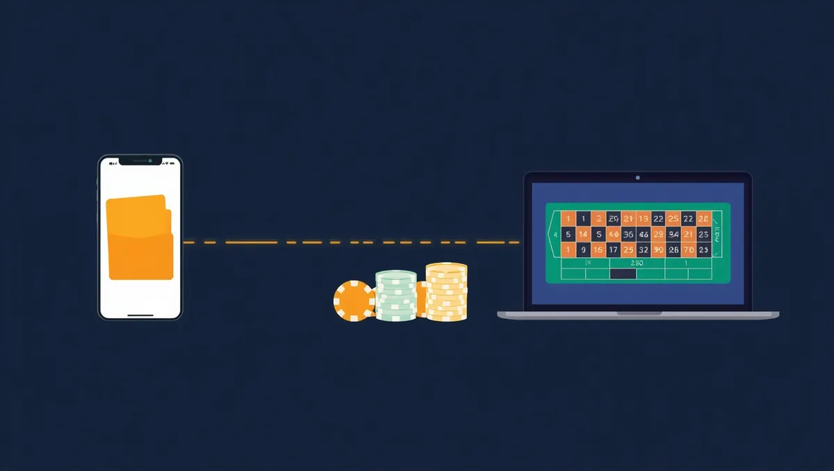 Illustration: en mobil wallet sender jetoner langs en stiplet linje til et online rouletteboard på en bærbar