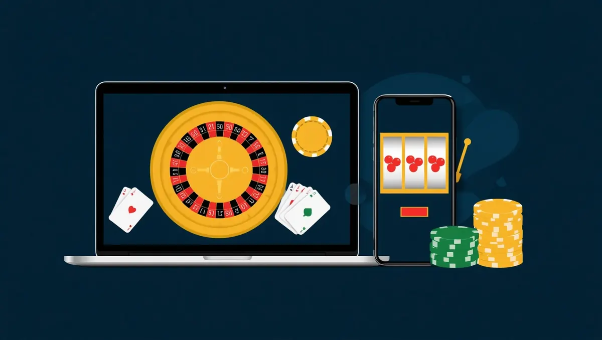 Illustration: a laptop and a phone showing an online casino – roulette, a slot machine and cards – beside a stack of chips