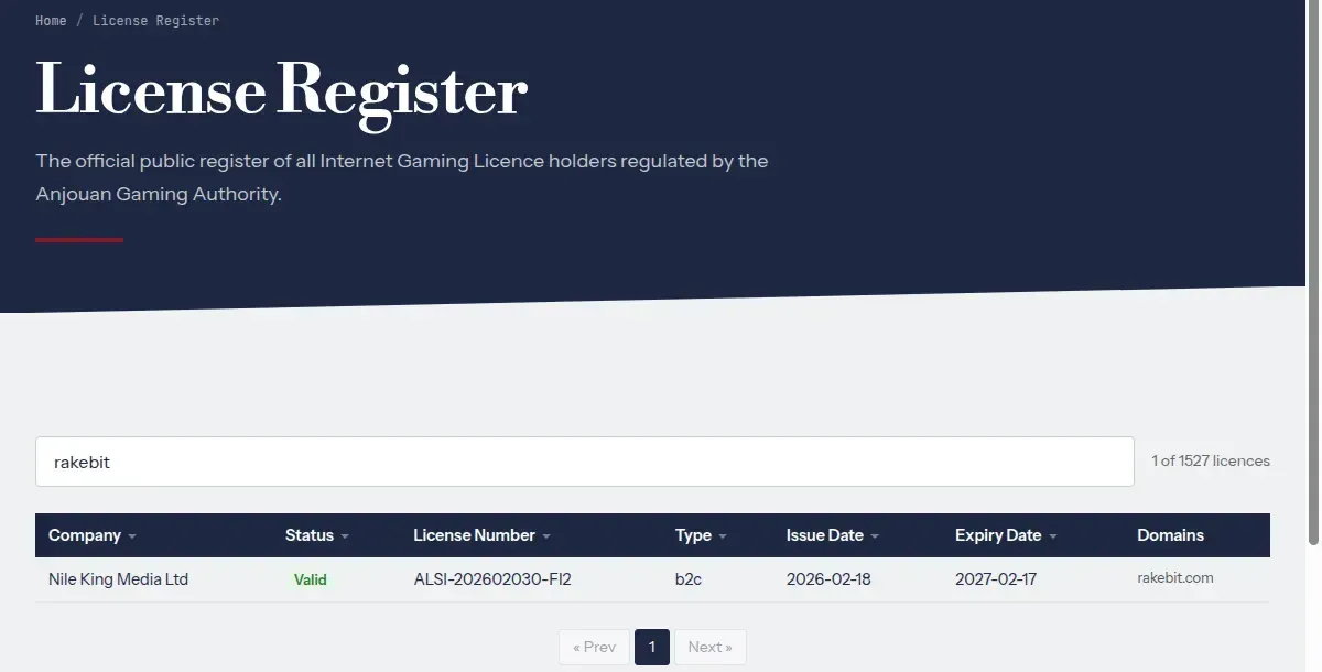 Anjouans offentlige register filtreret på Rakebit med en gyldig licens