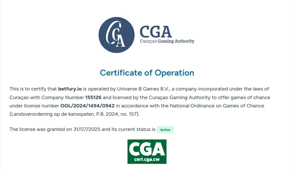 Certifikat fra Curaçao Gaming Authority for betfury.io med status Active