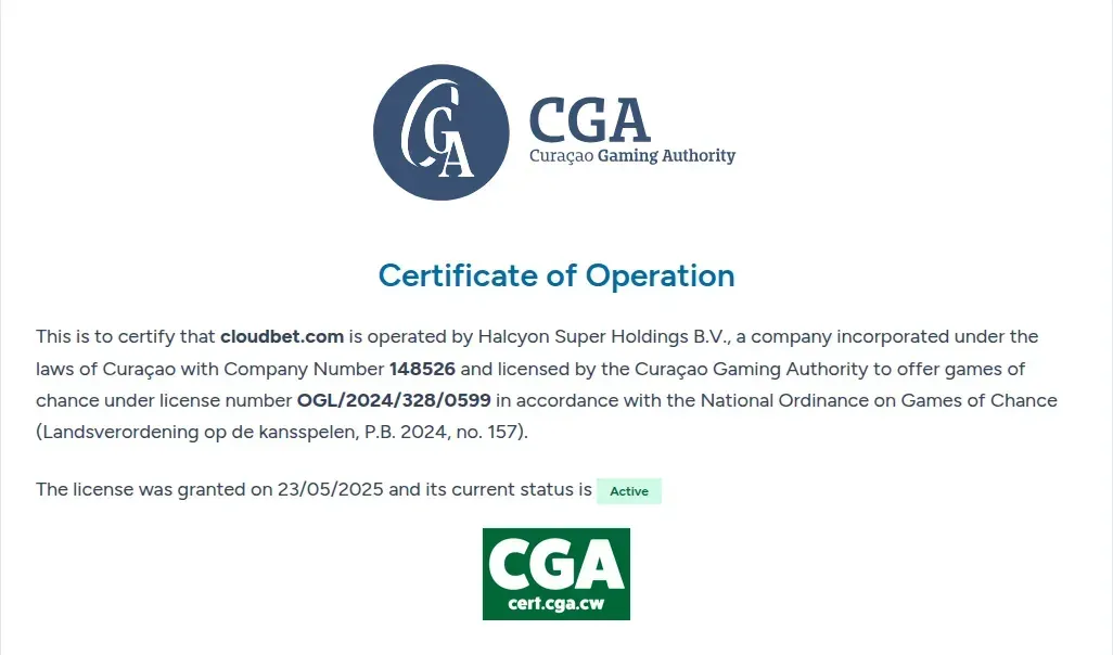 Certifikat fra Curaçao Gaming Authority for cloudbet.com med status Active