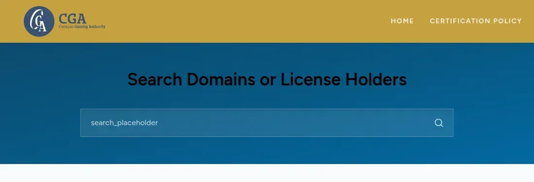 Søgefeltet for certifikater hos Curaçao Gaming Authority på cert.cga.cw